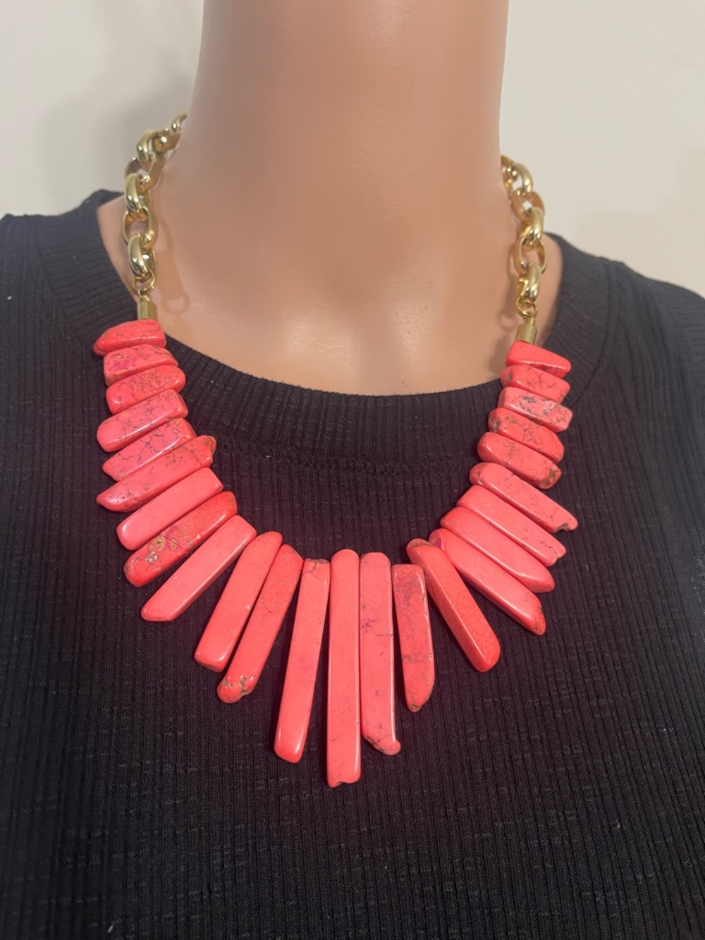 Bourbon and Bowties Coral Spike Bib Necklace with Gold Chain